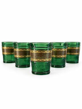 RARE! Vintage 60s MCM Emerald Green Leather Banded Tumbler Glasses Set of 6
